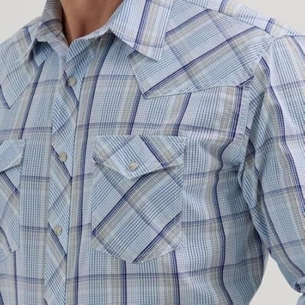 Wrangler 20X Men's Long Sleeve Competition Plaid Snap Western Shirt Light Blue